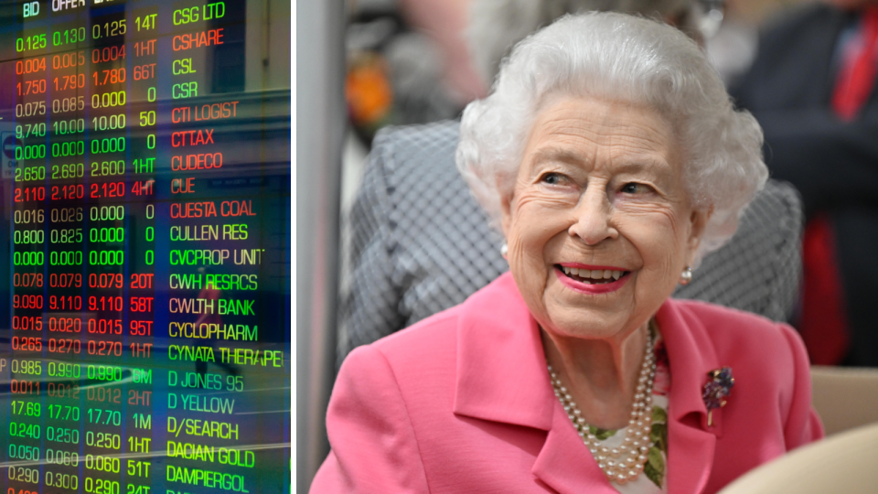 The ASX board showing company price changes and Queen Elizabeth smiling.