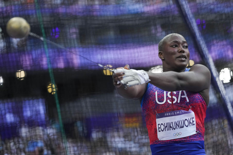 Annette Nneka Echikunwoke, of the United States, competes during the women's hammer throw final at the 2024 Summer Olympics, Tuesday, Aug. 6, 2024, in Saint-Denis, France. (AP Photo/Bernat Armangue)