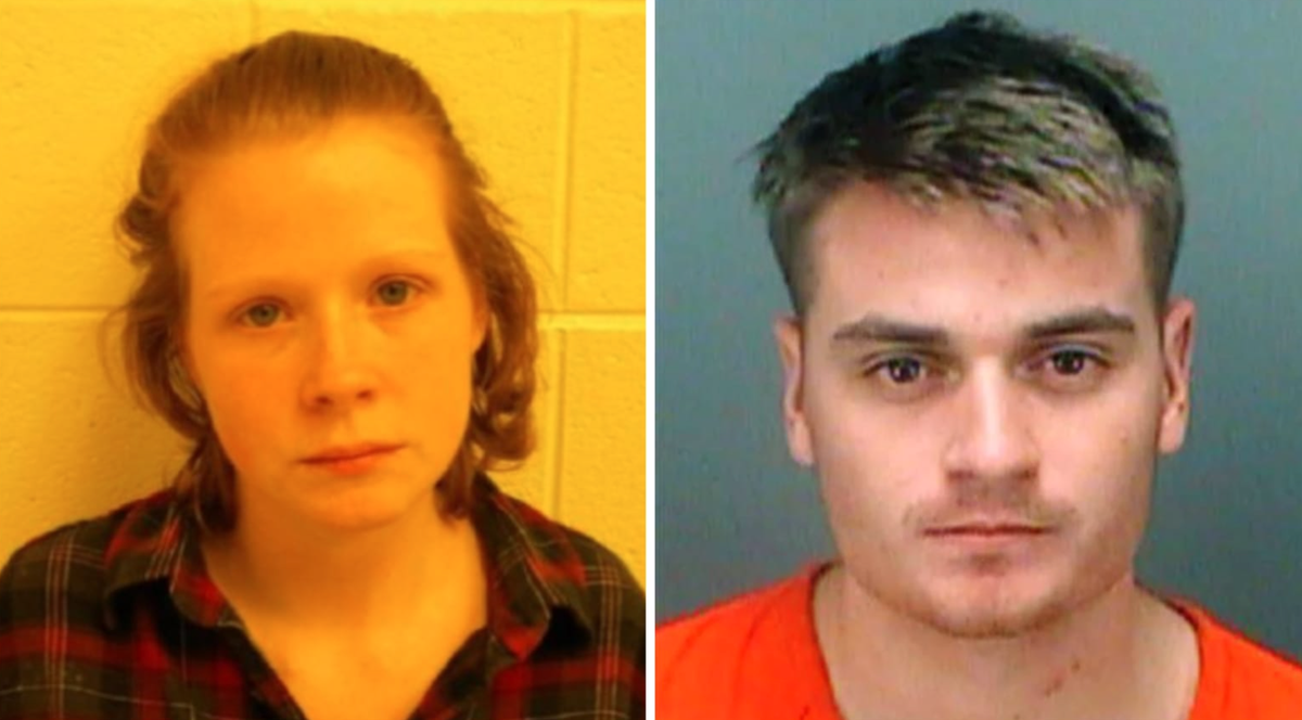 Sarah Clendaniel and Brandon Russell, the founder of the neo-Nazi group Atomwaffen, in mug shots (Maryland State Police / Pinellas County Sheriff’s Department)