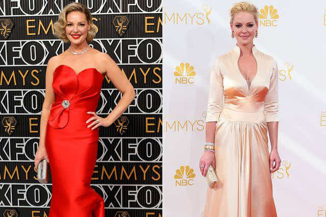 <p>Frazer Harrison/Getty; David Livingston/Getty</p> Then and now! Katherine Heigl makes her return to the Emmys (left) since her 2014 appearance