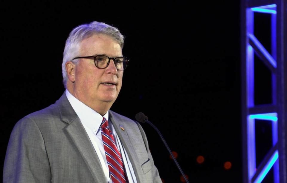 Columbus Mayor Skip Henderson speaks Tuesday night during a prayer event at the Phenix City Amphitheater in Phenix City, Alabama. 11/07/2023