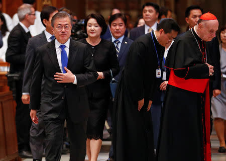 South Korean President Moon Jae-in arrives to attend a special mass for peace in the Korean peninsula led by Italian cardinal Pietro Parolin in Saint Peter's Basilica at the Vatican, October 17, 2018. REUTERS/Max Rossi