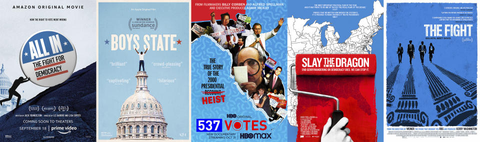 This combination photo shows poster art for political documentaries, from left, "All In: The Fight for Democracy," "Boys State," "537 Votes," "Slay the Dragon," and "The Fight." The election has unleashed an avalanche of documentaries like no season before it. Dozens of films, exploring issues from gerrymandering to white supremacists, have sought to illuminate the many issues and trends voters are confronting at the polls on Tuesday. In a presidential election of enormous stakes, filmmakers have rushed to finish their films before Election Day. (Amazon, from left, Apple TV Plus, HBO Max, Magnolia Pictures, Magnolia Pictures via AP)