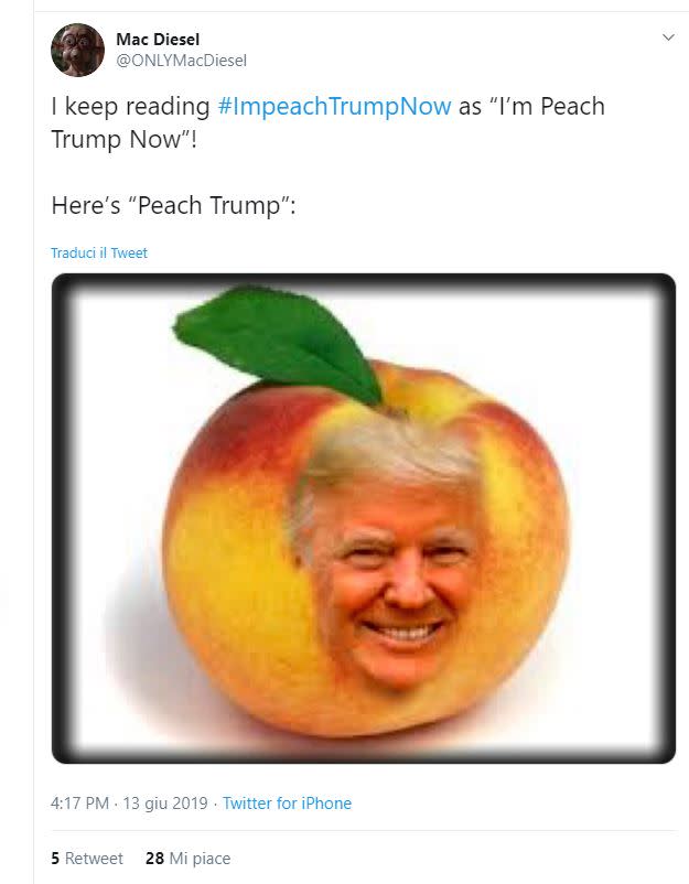 La parola "impeachment", che è la messa in stato d'accusa di un presidente che si pensa abbia commesso illeciti nell'esercizio delle proprie funzioni, ha al proprio interno il sostantivo "peach", che significa pesca.