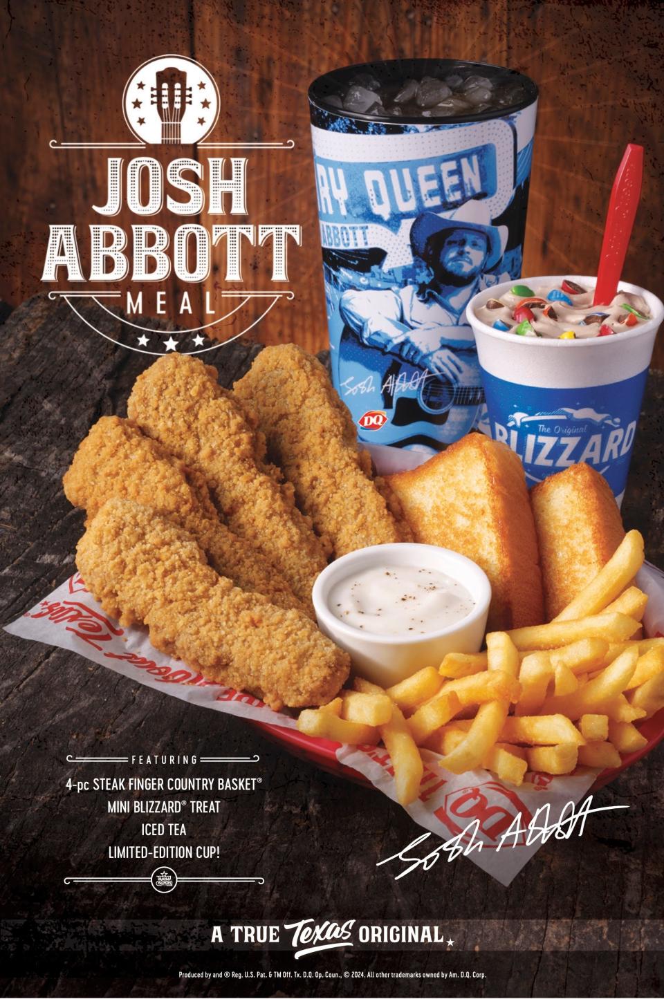 Dairy Queen's "Josh Abbott Meal" includes a 4-piece Steak Finger Country Basket, a mini M&M’s® Milk Chocolate Blizzard® Treat, a refreshing Iced Tea, and a collectible limited-edition Josh Abbott cup.