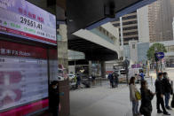 People stand in front of a bank's electronic board showing the Hong Kong share index at Hong Kong Stock Exchange in Hong Kong Tuesday, March 2, 2021. Asian stock markets were mixed Tuesday after Wall Street rose as investor concern about possible higher interest rates receded. (AP Photo/Vincent Yu)