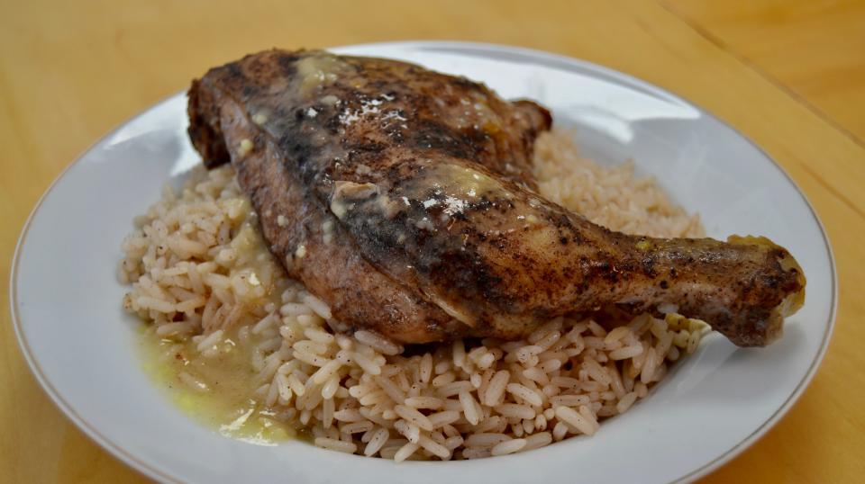 Chicken and rice, cooked in olive oil, seasoned and marinated by Rania Kaldi.