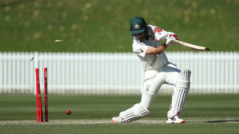 Joe Burns is seen here being bowled in Australia A's tour match against India.