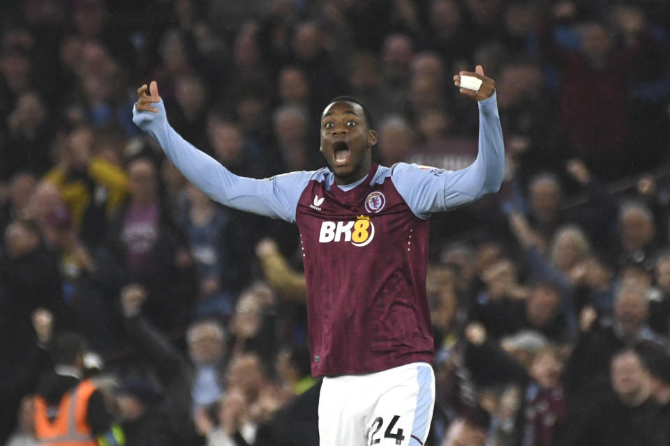 Aston Villa's Jhon Duran celebrates after scoring his side's second goal during the English Premier League soccer match between Aston Villa and Liverpool at the Villa Park stadium in Birmingham, England, Monday, May 13, 2024. (AP Photo/Rui Vieira)