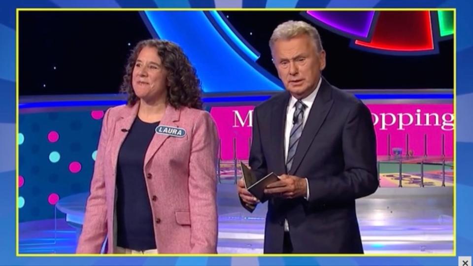 “Wheel of Fortune” host Pat Sajak and contestant Laura on April 30, 2024. Wheel of Fortune