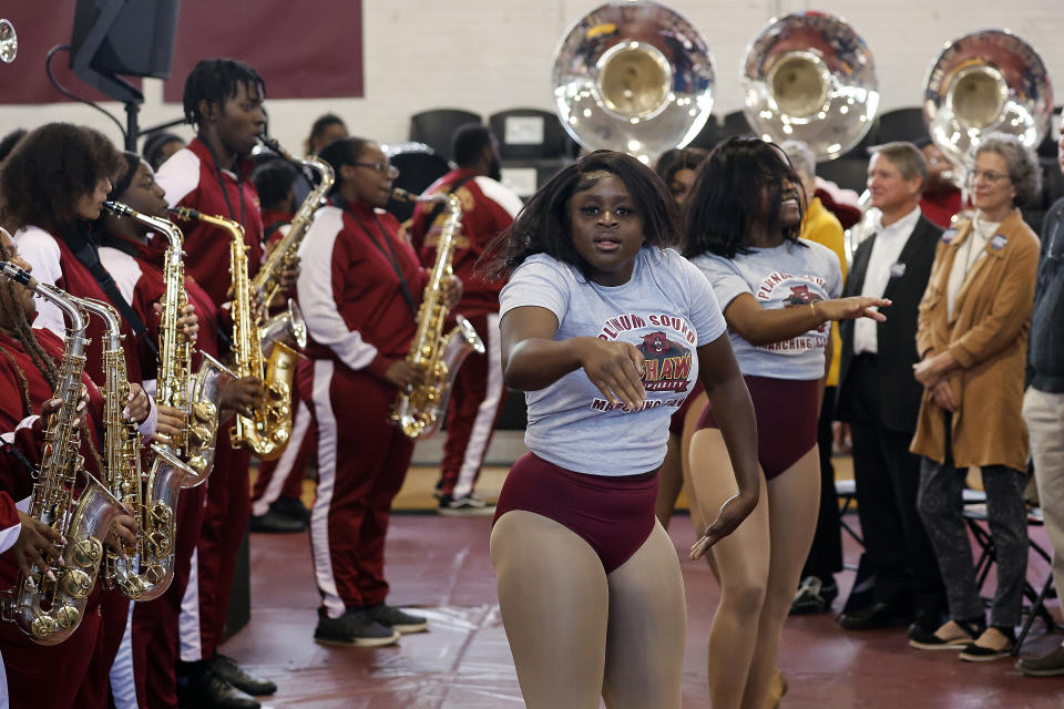 The Shaw University Marching Band preforms at the Josh Stein for Governor rally at Shaw University in Raleigh, N.C., Tuesday, Oct. 10, 2023. (AP Photo/Karl B DeBlaker)