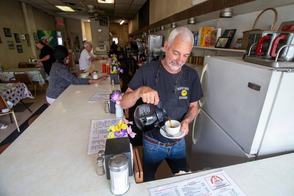 Sal Martorana, owner of Rise N Shine Diner, an Eatontown-based breakfast spot since 1987, pours a cup of coffee at Rise "N" Shine Diner in Eatontown, NJ Friday, June 3, 2022.