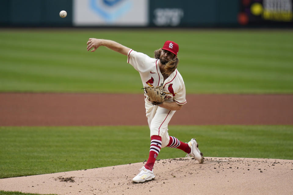 St. Louis Cardinals starting pitcher John Gant throws during the first inning of a baseball game against the Cincinnati Reds Saturday, April 24, 2021, in St. Louis. (AP Photo/Jeff Roberson)