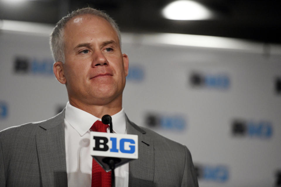 Maryland head coach DJ Durkin speaks at the Big Ten Conference NCAA college football media days in Chicago, Tuesday, July 24, 2018. (AP Photo/Annie Rice)