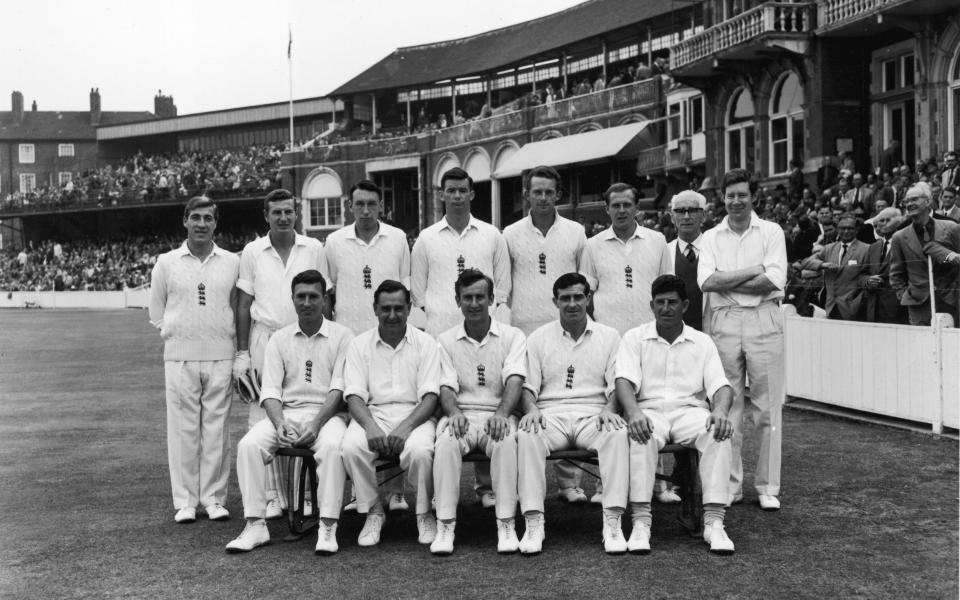 The 1964 England Test cricket team with Peter Parfitt, Jim Parks, Tom Cartwright, John Price, Bob Barber, Geoffrey Boycott, C.D. Drybrough, Fred Titmus, Colin Cowdrey, Ted Dexter, Fred Trueman and Ken Barrington