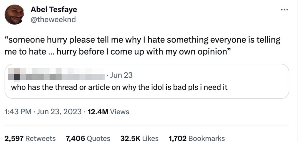 Comment: "who has the thread or article on why the idol is bad pls i need it" and he responds, "someone hurry please tell me why I hate something everyone is telling me to hate — hurry before I come up with my own opinion"