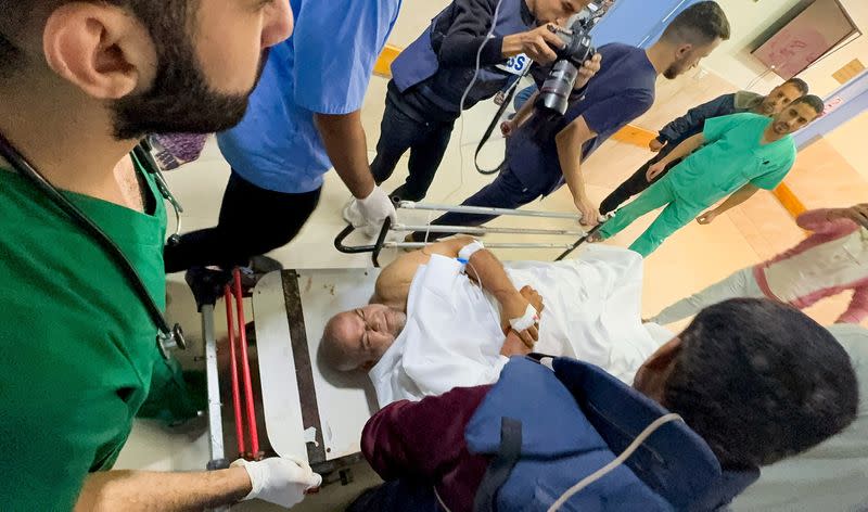 Al Jazeera journalist Wael Al-Dahdouh is received at Nasser hospital, in Khan Younis