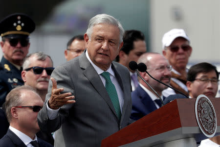 Mexico's President Andres Manuel Lopez Obrador gives a speech during the inauguration of the Aerospace Fair 2019 at the Santa Lucia military airbase in Tecamac near Mexico City, Mexico April 24, 2019. REUTERS/Henry Romero