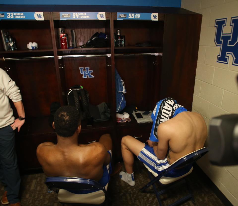 Kentucky’s Oscar Tshiebwe and Lance Ware in the locker room after their loss against Kansas State in the second round of the NCAA Tournament.March 19, 2023