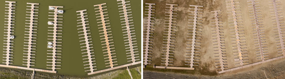 Docks float in the Browns Ravine Cove area of Folsom Lake on March 26, 2023, left, and the same location on May 22, 2021, boat docks sit on dry land in Folsom, Calif., on May 22, 2021. (AP Photo/Josh Edelson)