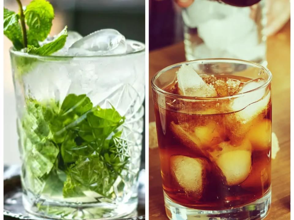 A composite image of a mojito and a diet rum and coke.