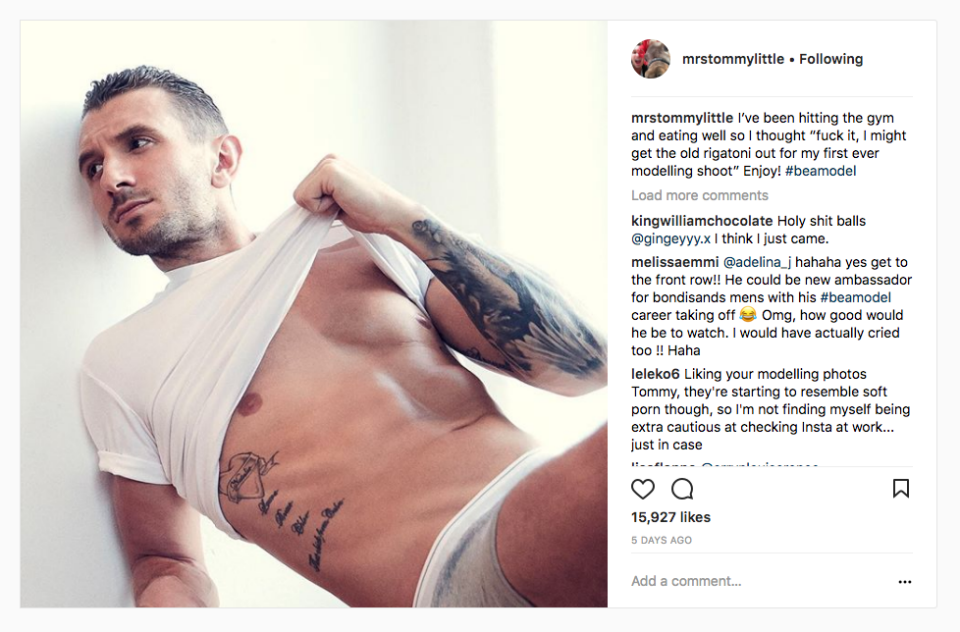 Tommy Little posted a modelling pic to instagram and it garnered 15,000 likes. Source: Stu Morley via Instagram/mrstommylittle