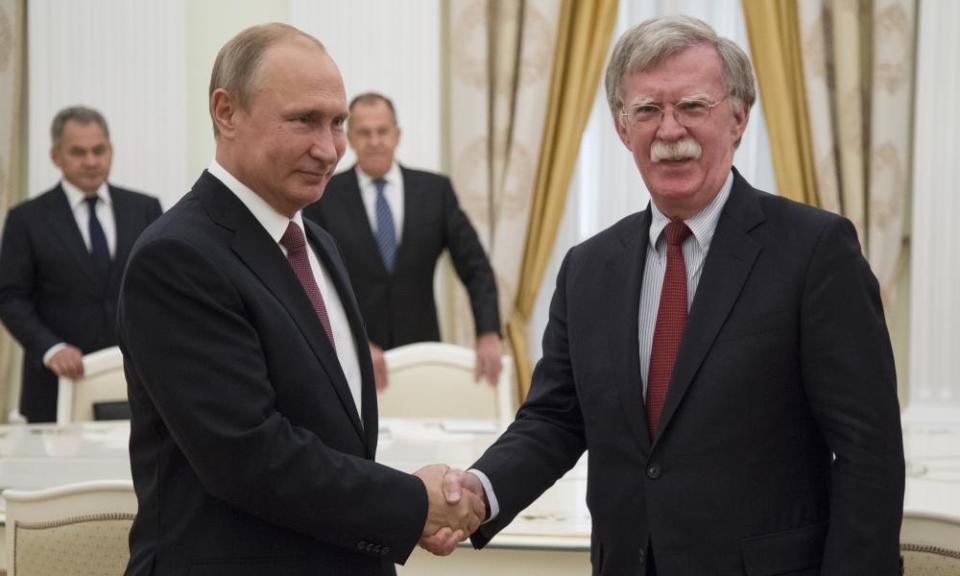 Bolton with Vladimir Putin on Wednesday. ‘It’s great to be back in Moscow,’ he told the Russian leader. We are most appreciative of your courtesy and graciousness.’