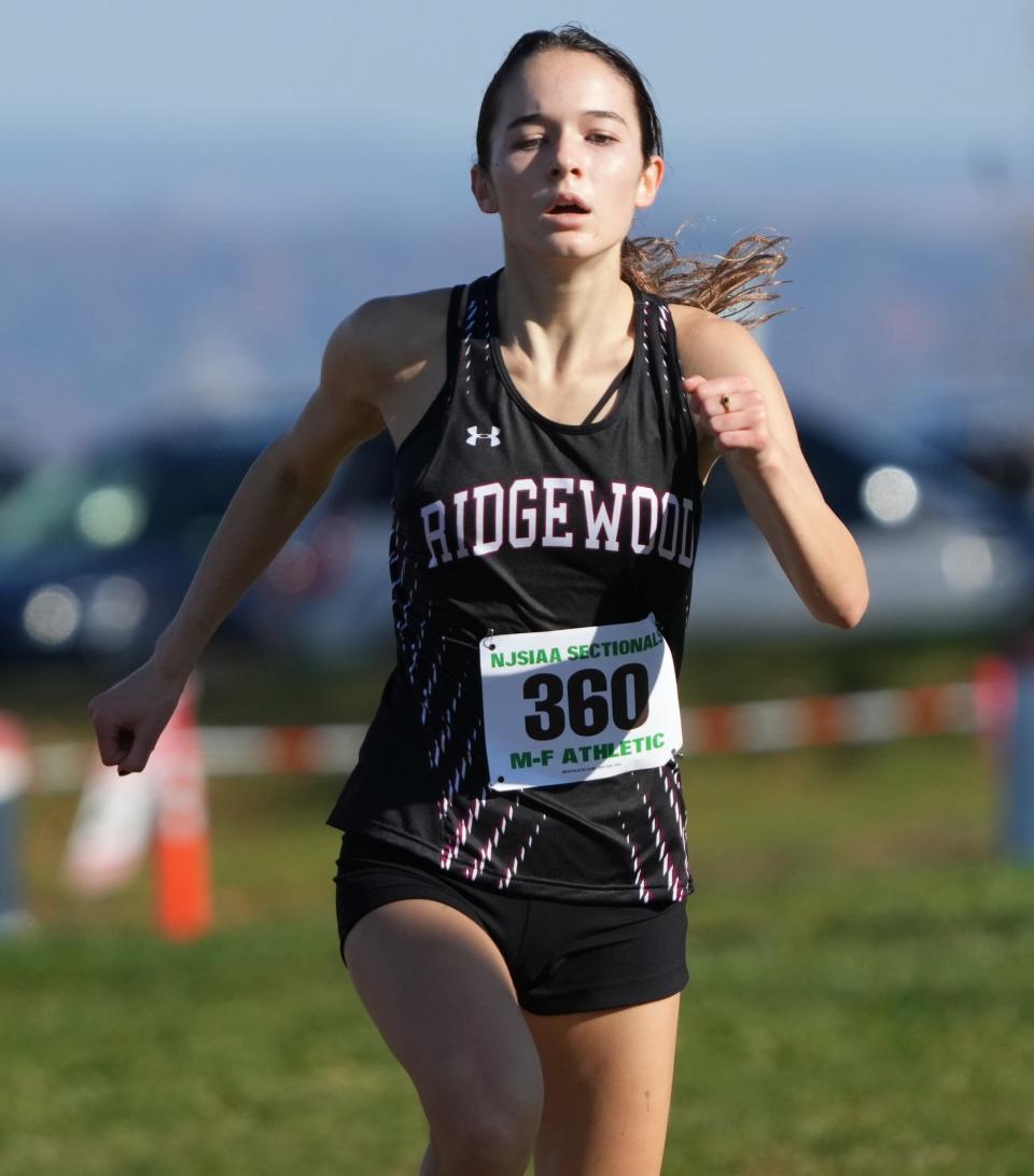 Woodland Park, NJ — October 28, 2023 -- Cellina Rabolli of Ridgewood comes places first in the North 1 Group 4 State Cross-Country Sectionals at Garrett Mountain in Woodland Park.