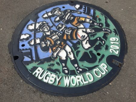 FILE PHOTO: A plaque advertising the 2019 Rugby World Cup is seen on the ground at the Higashiosaka Hanazono Rugby Stadium in Osaka