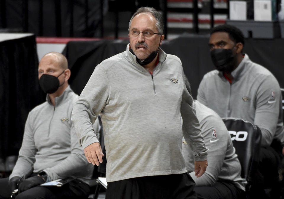FILE - New Orleans Pelicans coach Stan Van Gundy watches from the bench during the second half of the team's NBA basketball game against the Portland Trail Blazers in Portland, Ore., in this Thursday, March 18, 2021, file photo. Stan Van Gundy is out as Pelicans coach following just one season at the helm, a person familiar with the situation said. The person spoke to The Associated Press on condition of anonymity Wednesday, June 16, 2021, because the move has not been publicly announced. (AP Photo/Steve Dykes, File)