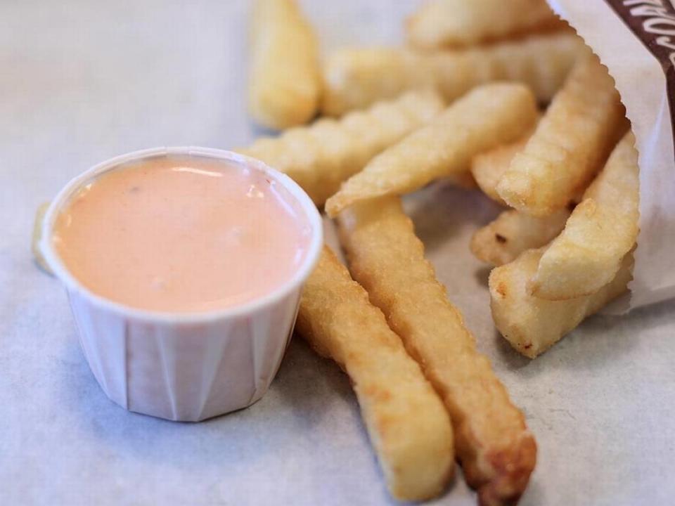 A typical container of fry sauce from a chain of hamburger restaurants in Salt Lake City, Utah. You’ll find fry sauce at Boise burger joints.