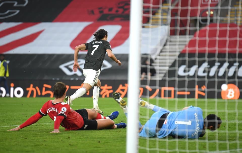 <p>Cavani celebrates his winner for United</p>Getty