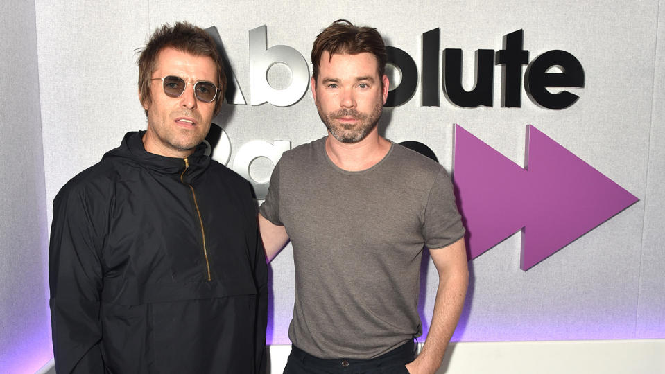 Liam Gallagher with Dave Berry during a visit at Absolute Radio 