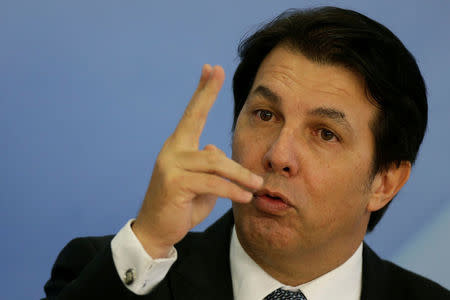 Congressman Arthur Maia, rapporteur for the pension reform, gestures during a news conference at the Planalto Palace in Brasilia, Brazil April 18, 2017. REUTERS/Ueslei Marcelino