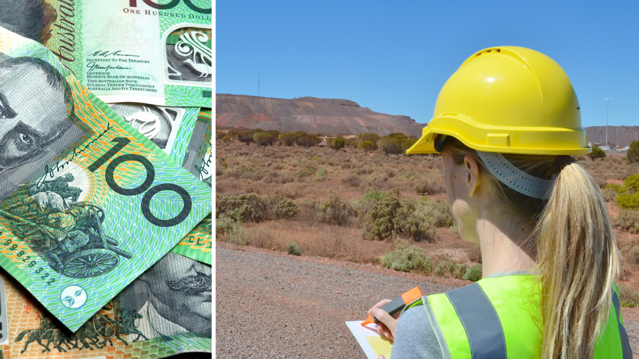 job wanted in mining pile of australian cash and a female mining worker wears a yellow hard hat