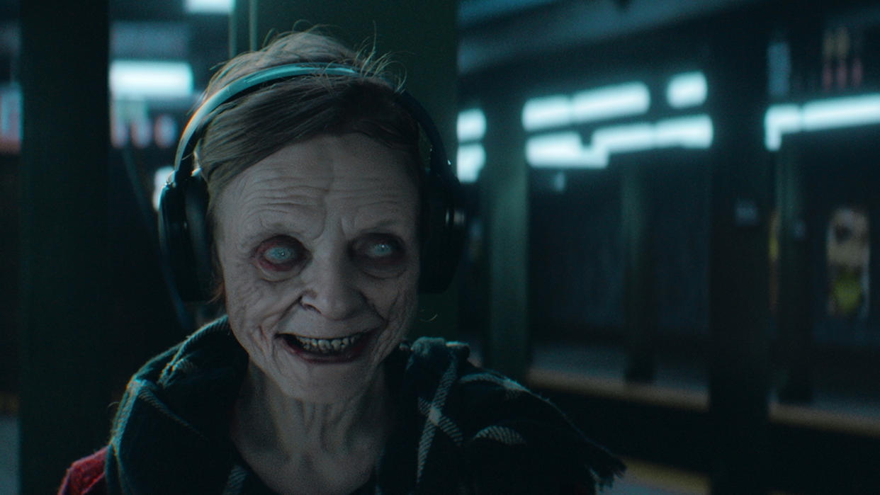  AI filmmaking; a creepy old woman in a horror film scene. 
