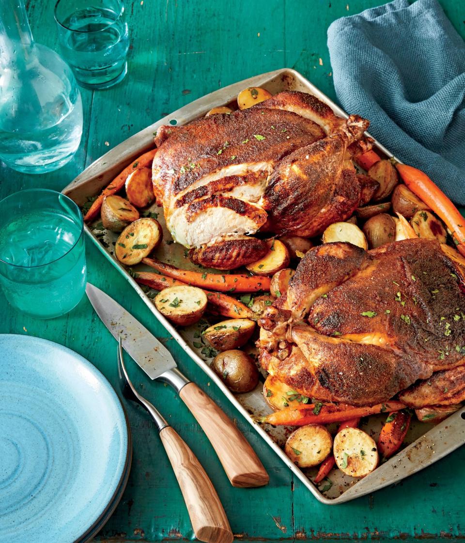 BBQ Rub Roasted Chickens with Potatoes and Carrots