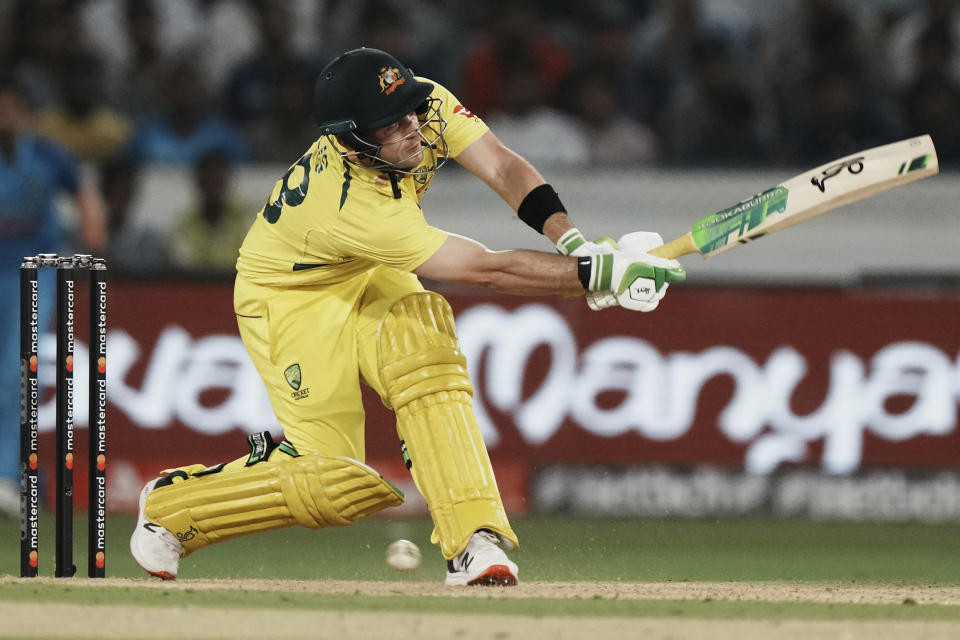 Australia's Josh Inglis attempts to play a shot during the third T20 cricket match between India and Australia, in Hyderabad, India, Sunday, Sept. 25, 2022. (AP Photo/Mahesh Kumar A)