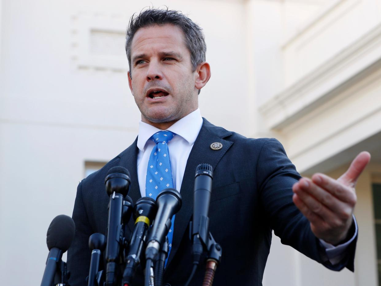 FILE - In this March 6, 2019 file photo, Rep. Adam Kinzinger, R-Ill., speaks to the media at the White House in Washington.  Kinzinger is slamming as “beyond repugnant” President Donald Trump’s tweet of a conservative pastor’s comment that removing Trump from office would provoke a “civil war.” (AP Photo/Jacquelyn Martin)