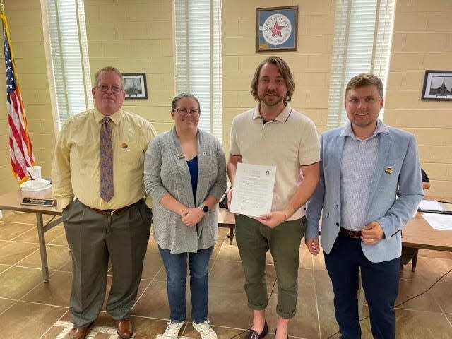 (From left) Ranlo Commissioners Jamie Fowler, Katie Cordell, Charlotte Pride President Clark Simon, and Ranlo Commissioner Trevor Hay. 
The Ranlo Board of Commissioners passed a proclamation honoring Pride Month on Thursday evening.