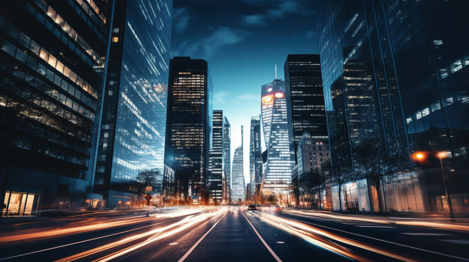 A bustling financial district lit up at night, showcasing the company's regional banking services.