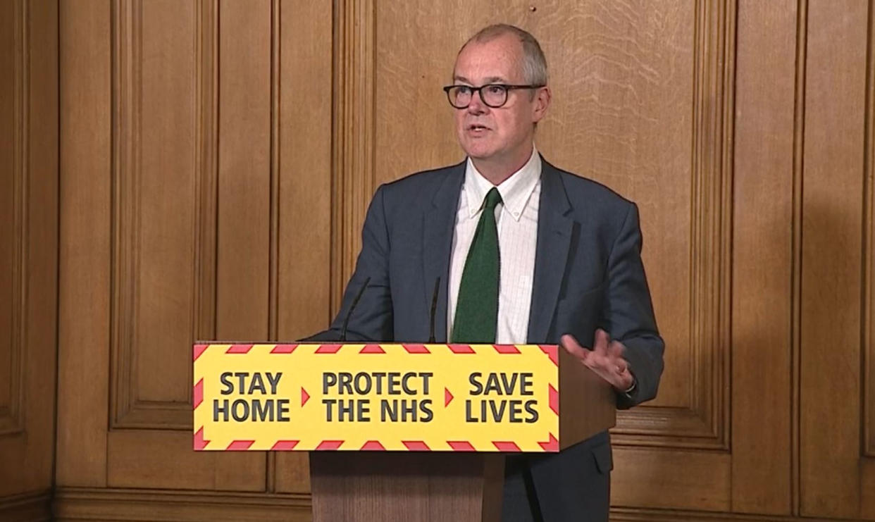 Screen grab of Chief Scientific Adviser Sir Patrick Vallance during a media briefing in Downing Street, London, on coronavirus (COVID-19). (Photo by PA Video/PA Images via Getty Images)