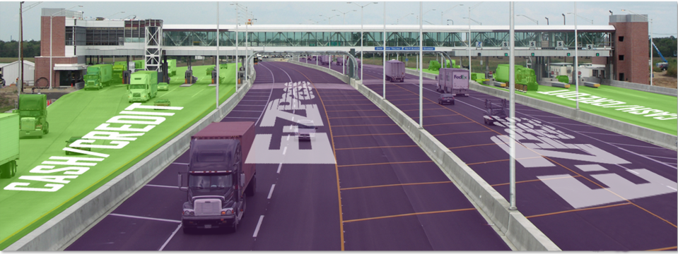 By the end of the year, the Ohio Turnpike will have two dedicated high-speed lanes in both directions that will allow E-ZPass holders to drive across the entire state without slowing down at four main toll plazas, as pictured here in this artist's rendering.