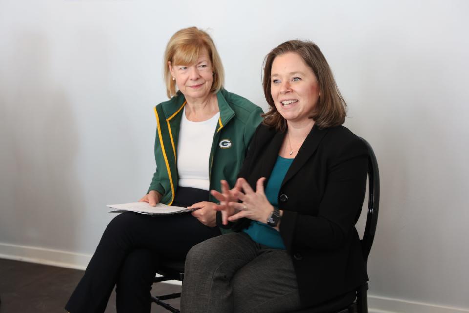 Democratic Senator Tammy Baldwin and Lieutenant Governor Sara Rodriguez take questions from Waukesha-area moms and the organization Motherhood For Good during her town hall campaign event on Sunday, January 14, 2024. Baldwin and Rodriguez discuss health care, school violence, and other concerns for the coming election during their meeting at a venue in Brookfield, Wisconsin.