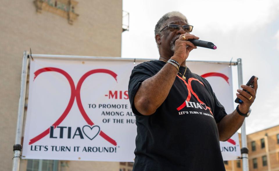 Founder Lynn Coleman speaks during the Let's Turn It Around! community prayer on Sunday, June 12, 2022, at Jon R. Hunt Plaza in downtown South Bend.