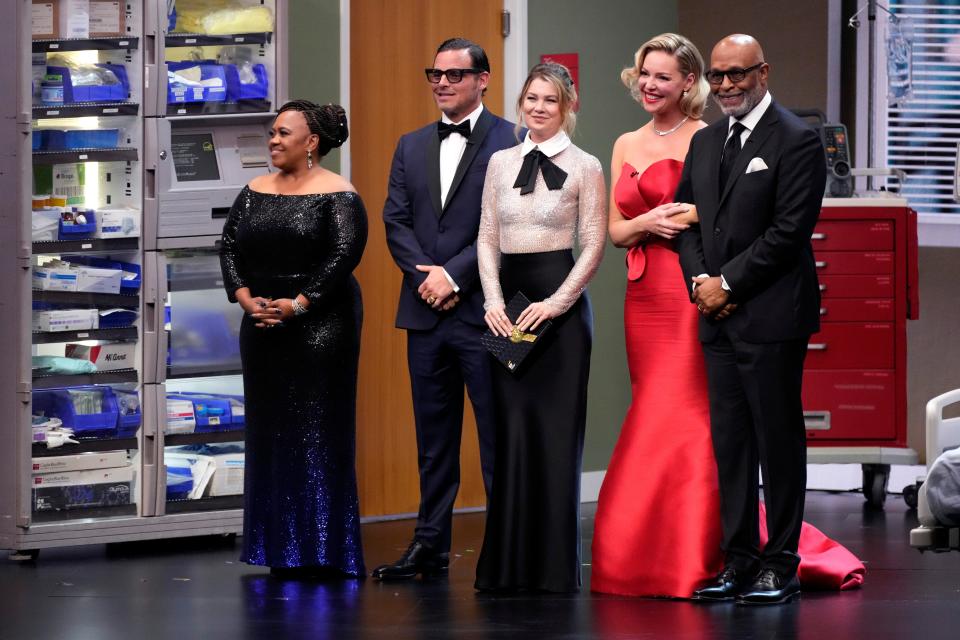 (From left) Chandra Wilson, Justin Chambers, Ellen Pompeo, Katherine Heigl and James Pickens present the award for outstanding supporting actor in a limited or anthology series or movie during the 75th Emmy Awards.