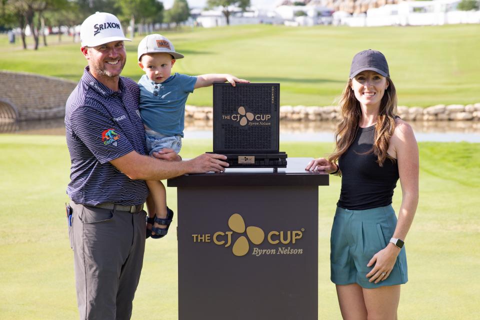 May 5, 2024; McKinney, Texas, USA; Taylor Pendrith and his family pose with the trophy after winning THE CJ CUP Byron Nelson golf tournament. Mandatory Credit: Andrew Dieb-USA TODAY Sports