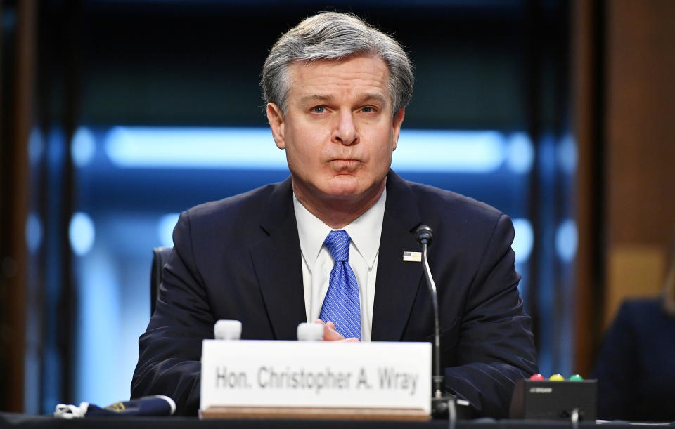 FBI Director Christopher Wray testifies before the Senate Judiciary Committee regarding the Jan. 6 insurrection. (Mandel Ngan/Pool via Reuters)