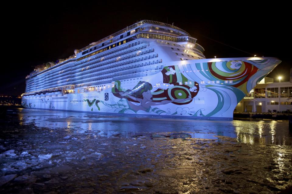 This Jan. 30, 2014 photo shows the cruise ship Norwegian Getaway in the icy Hudson River in New York. The cruise ship is serving as a hotel, renamed the Bud Light Hotel, for hosting Super Bowl-related events, before returning to its homeport in Miami. (AP Photo)