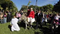 Father Jose Kentenich holds palm fronds as he rides a donkey during a Palm Sunday celebration outside the Our Lady of Schoenstatt Sanctuary in Ypacarai, April 13, 2014. Palm Sunday commemorates Jesus Christ's triumphant entry into Jerusalem on the back of a donkey. REUTERS/Jorge Adorno (PARAGUAY - Tags: RELIGION)